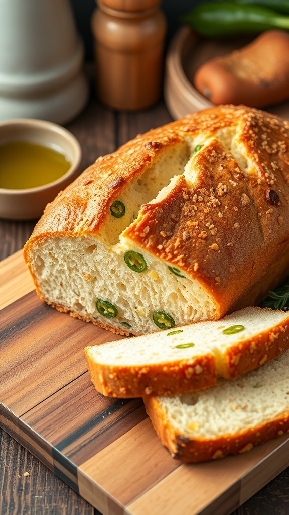 A golden loaf of jalapeño cheddar bread on a cutting board, with slices showing the soft interior and bits of jalapeño and cheese.